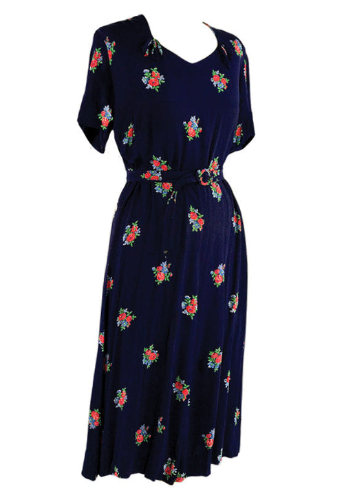 Vintage 1940s Navy Floral Rayon Blend Dress- New!