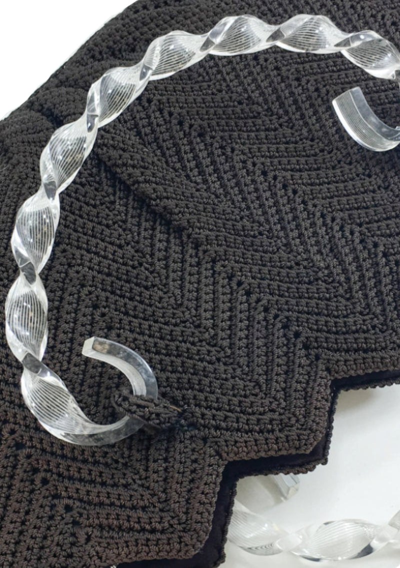 1940s Chocolate Crochet Handbag with Lucite Handles - New!