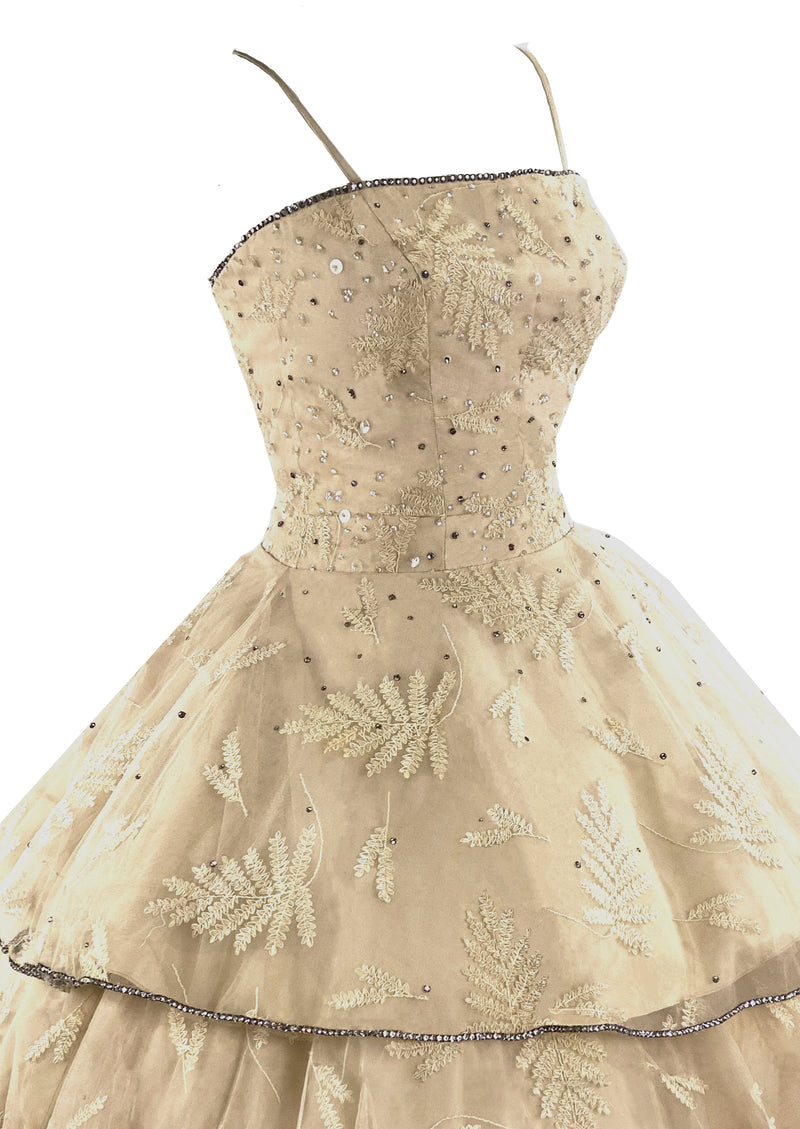 Late 1950s Rhinestone & Sequins Champagne Tulle Cocktail Dress - NEW!