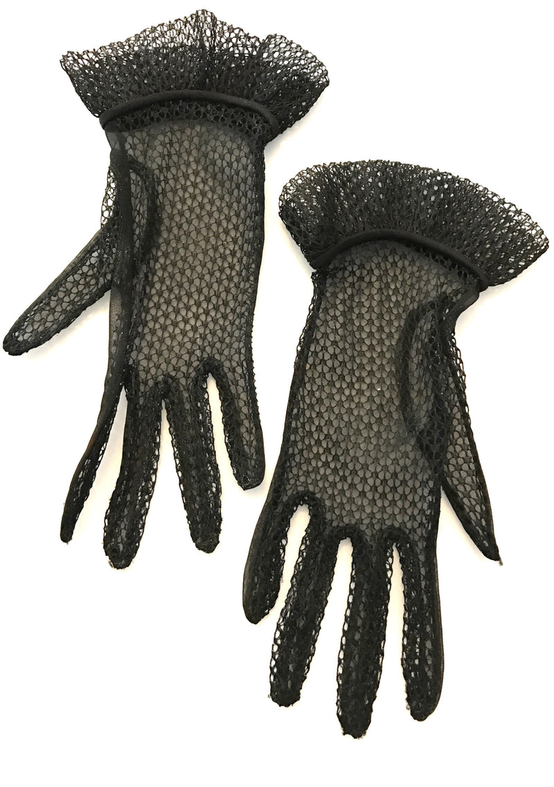 Lovely 1950s Black Nylon Mesh Gauntlet Gloves - New