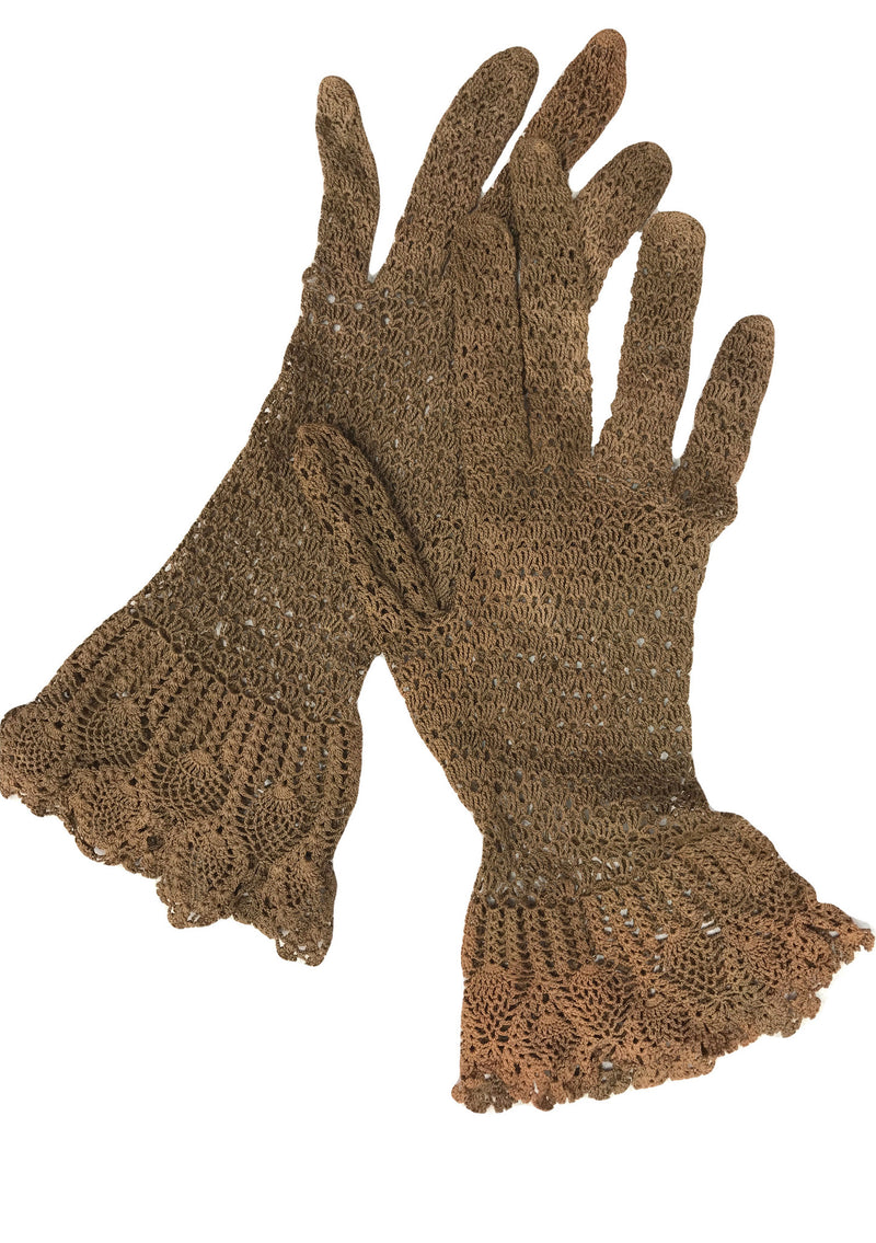 Vintage 1940s Brown Crochet Cotton Gloves