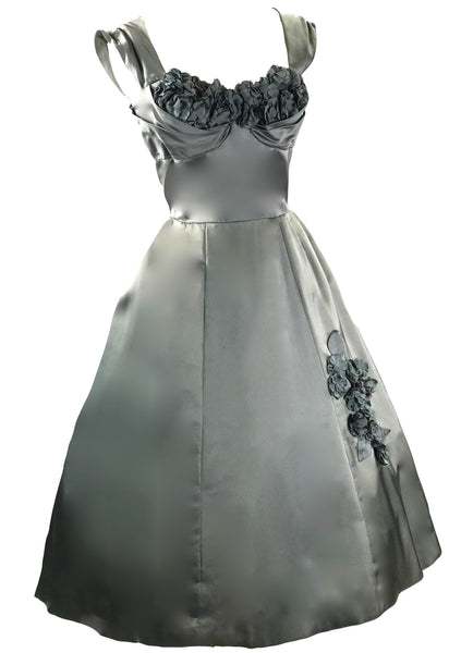 Vintage 1950s Silver Satin Applique Party Dress