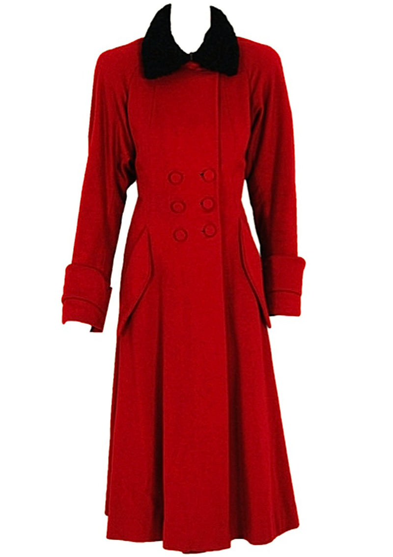 Dramatic 1940s Red Wool Coat with Curly Lamb Collar- New!