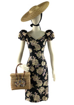 Late 1950s Roses Wiggle Dress on Black Background - NEW!