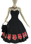 Late 1950s Black Cotton Sundress with Red Roses Border- NEW!