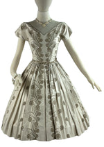 Vintage Early 1960s Cream Glazed Cotton Embroidered Dress- NEW!