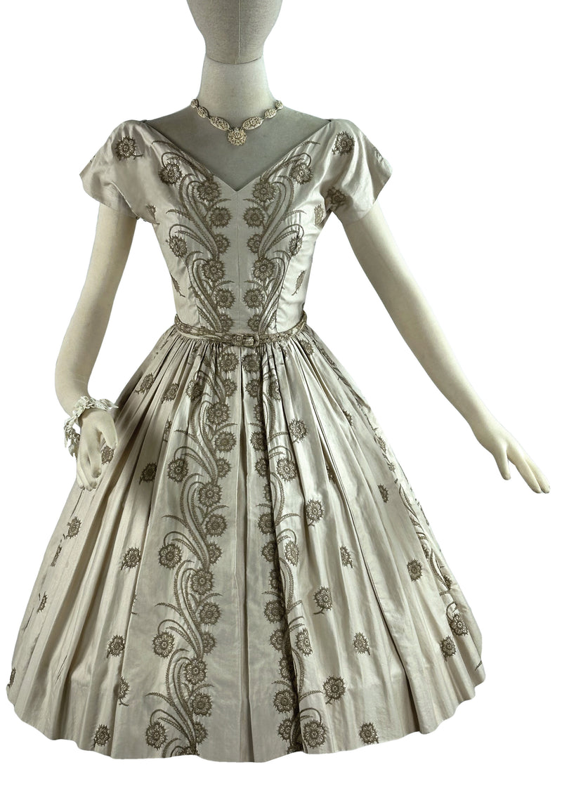 Vintage Early 1960s Cream Glazed Cotton Embroidered Dress- NEW!