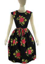 Late 1950s to Early 1960s Red Camellias Cotton Dress- NEW!