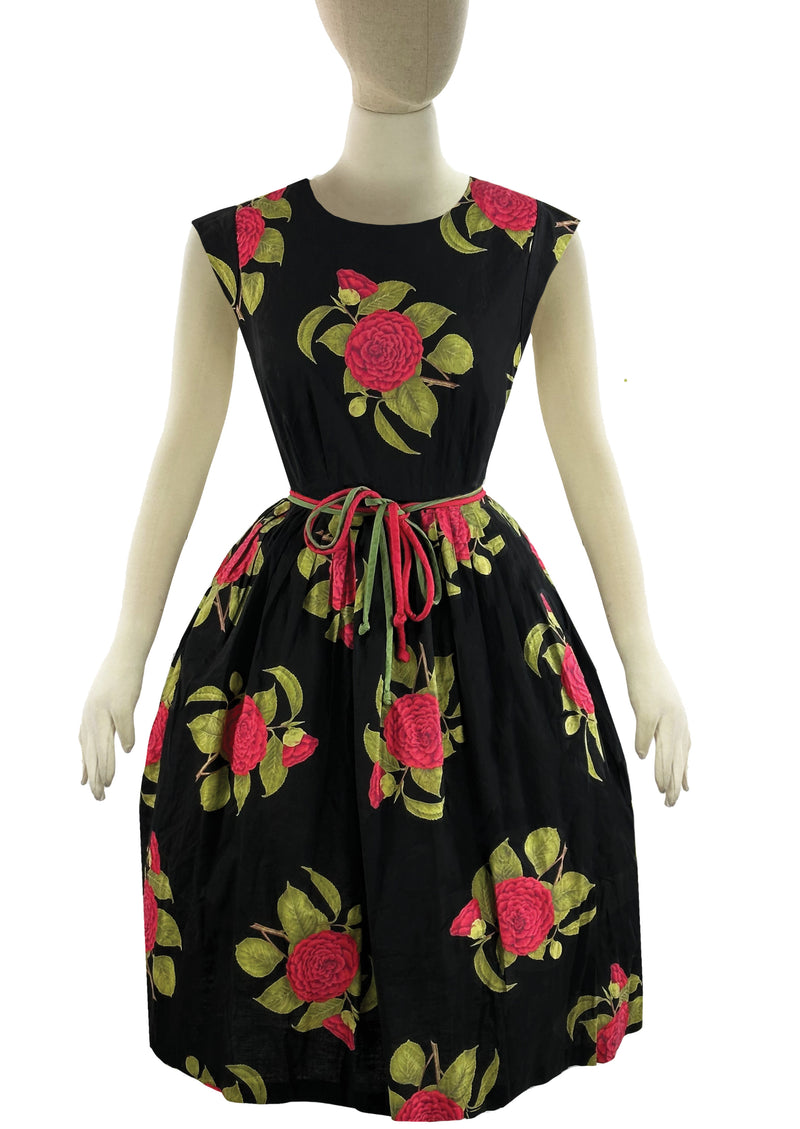 Late 1950s to Early 1960s Red Camellias Cotton Dress- NEW!