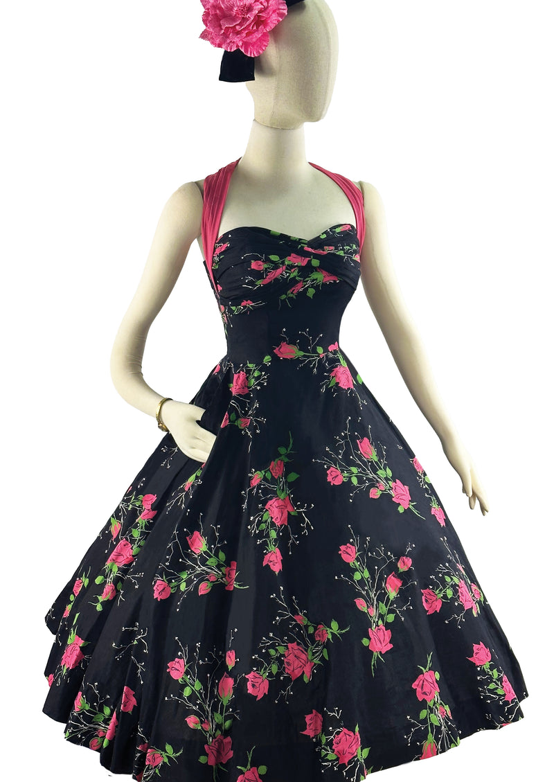 Vintage 1950s Pink Roses on Black Background Cotton Halter Dress - NEW!