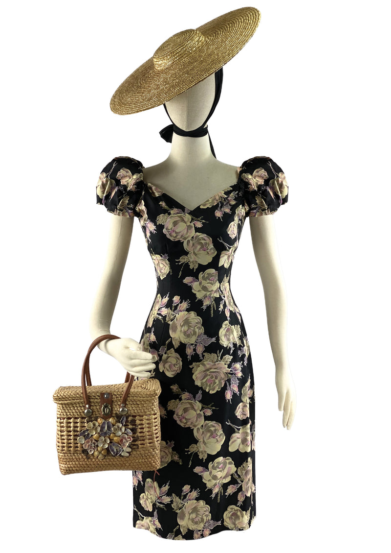 Late 1950s Roses Wiggle Dress on Black Background - NEW!