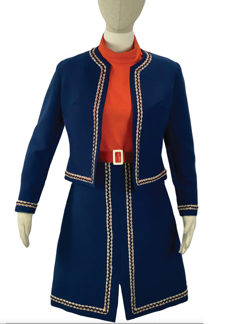 Vintage 1960s Blue, Red and Cream Dress and Jacket Ensemble - New!