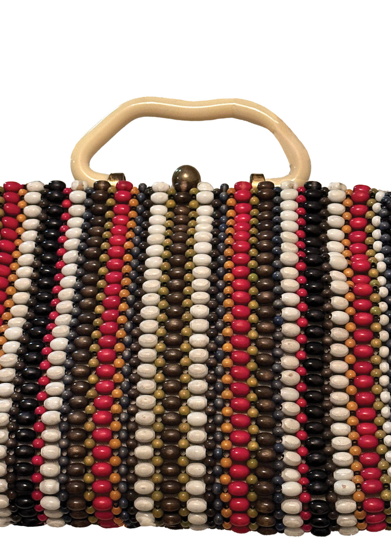 Vintage 1940s Wood Beaded Colourful Striped Purse - NEW!