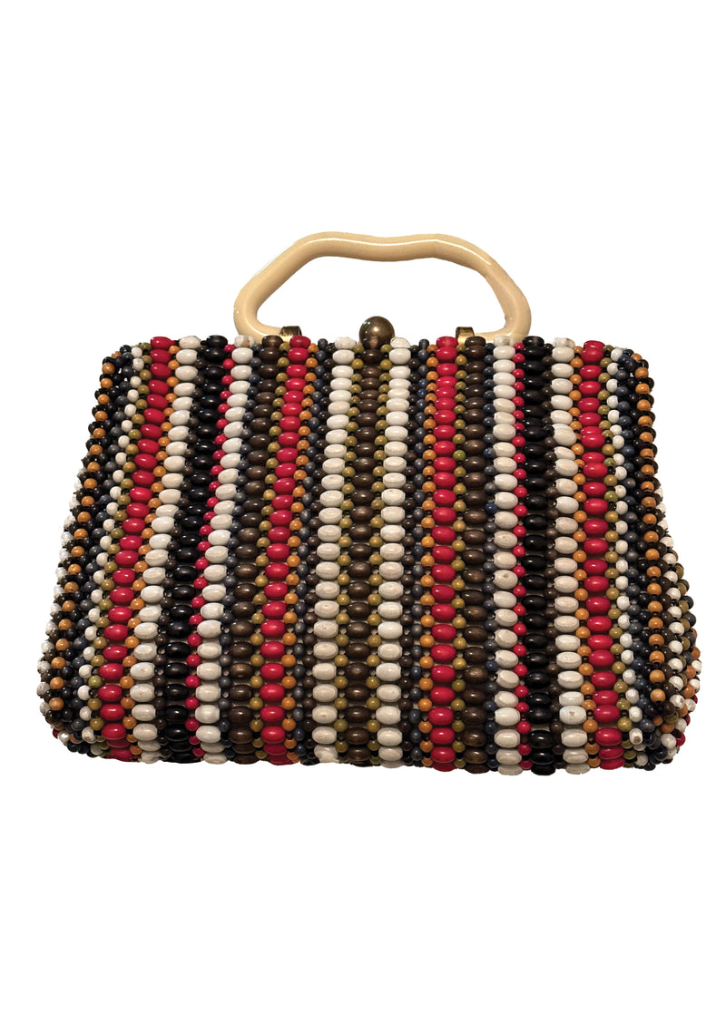 Vintage 1940s Wood Beaded Colourful Striped Purse - NEW!