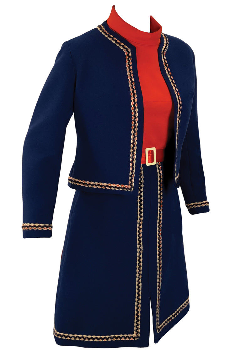 Vintage 1960s Blue, Red and Cream Dress and Jacket Ensemble - New!
