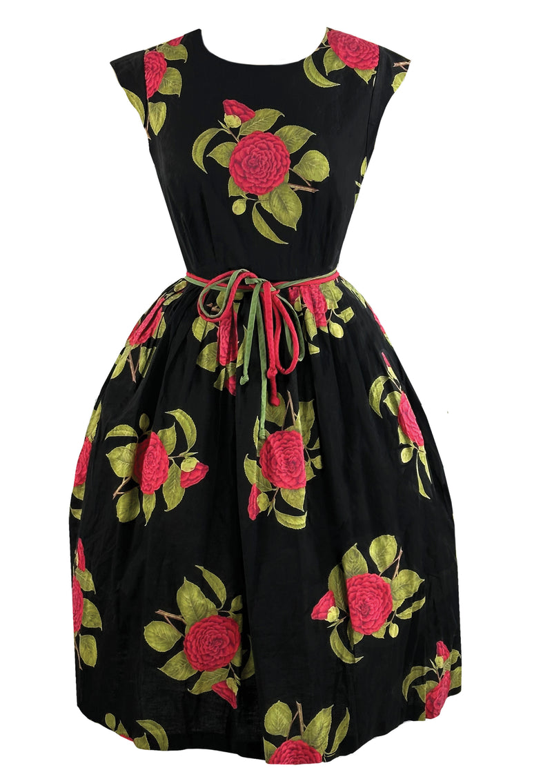 Late 1950s to Early 1960s Red Camellias Cotton Dress- NEW!