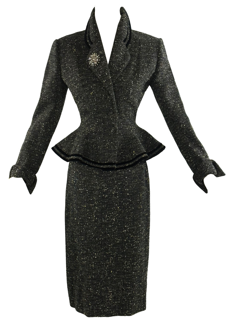 Vintage 1950s Black and Cream Flecked Wool Designer Suit - NEW!