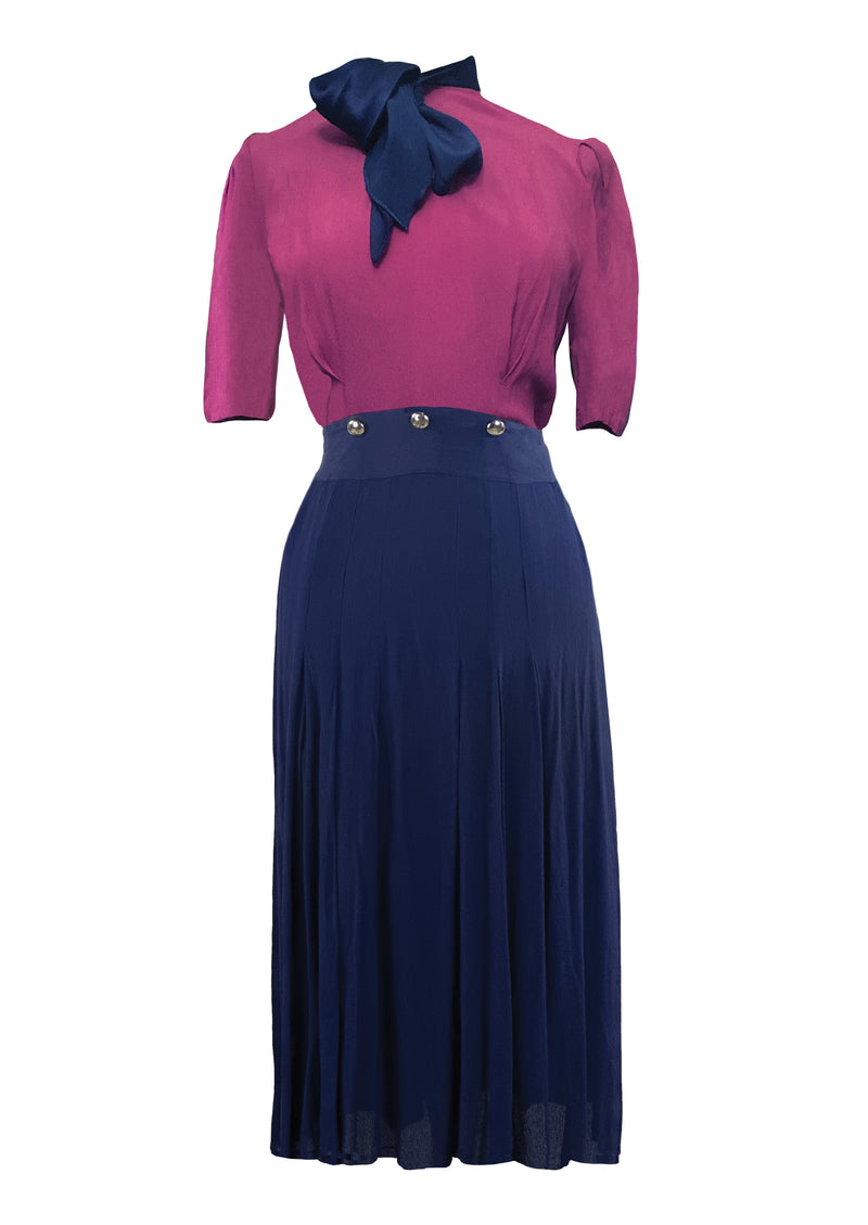 Late 1930s to Early 1940s Magenta and Navy Dress - NEW!