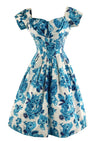 Vintage Late 1950s Early 1960s Blue & White Roses Cotton Dress - NEW!