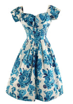 Vintage Late 1950s Early 1960s Blue & White Roses Cotton Dress - NEW!