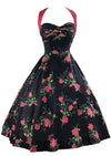 Vintage 1950s Pink Roses on Black Background Cotton Halter Dress - NEW!