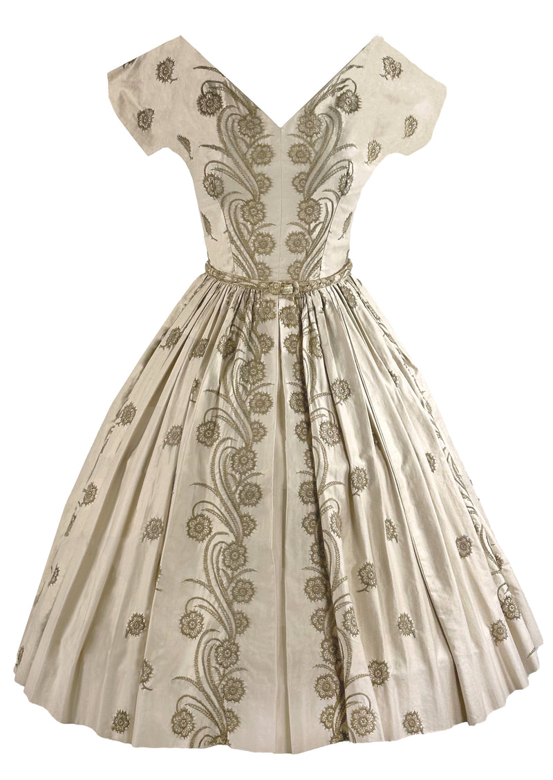 Vintage Early 1960s Cream Glazed Cotton Embroidered Dress- NEW!