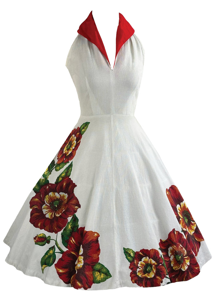 Late 1950s White Pique Border Print Dress