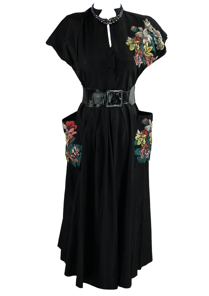 Beautiful Vintage 1950s Black Rayon Dress with 3D Appliqués- NEW!