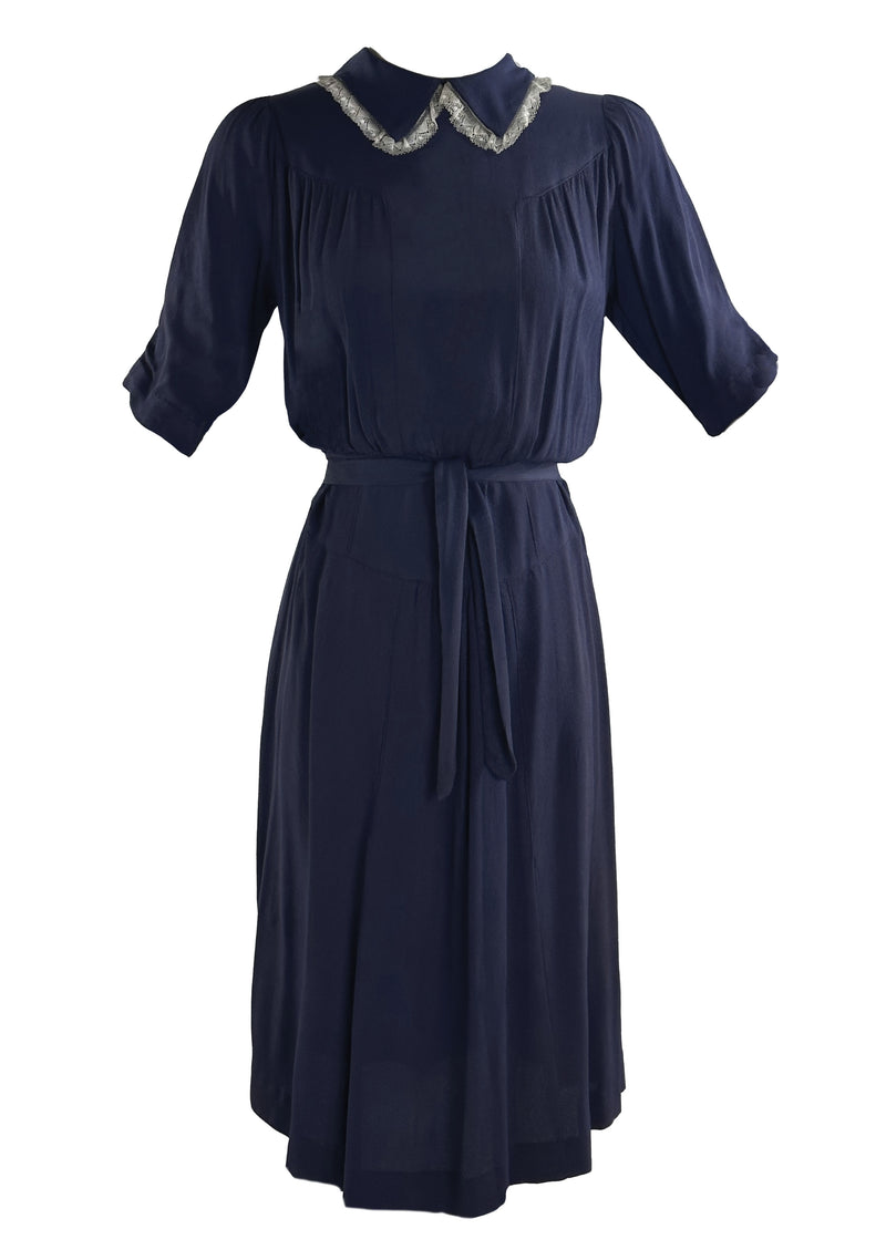 Late 1930s to Early 1940s Navy Crepe Day Dress- NEW!