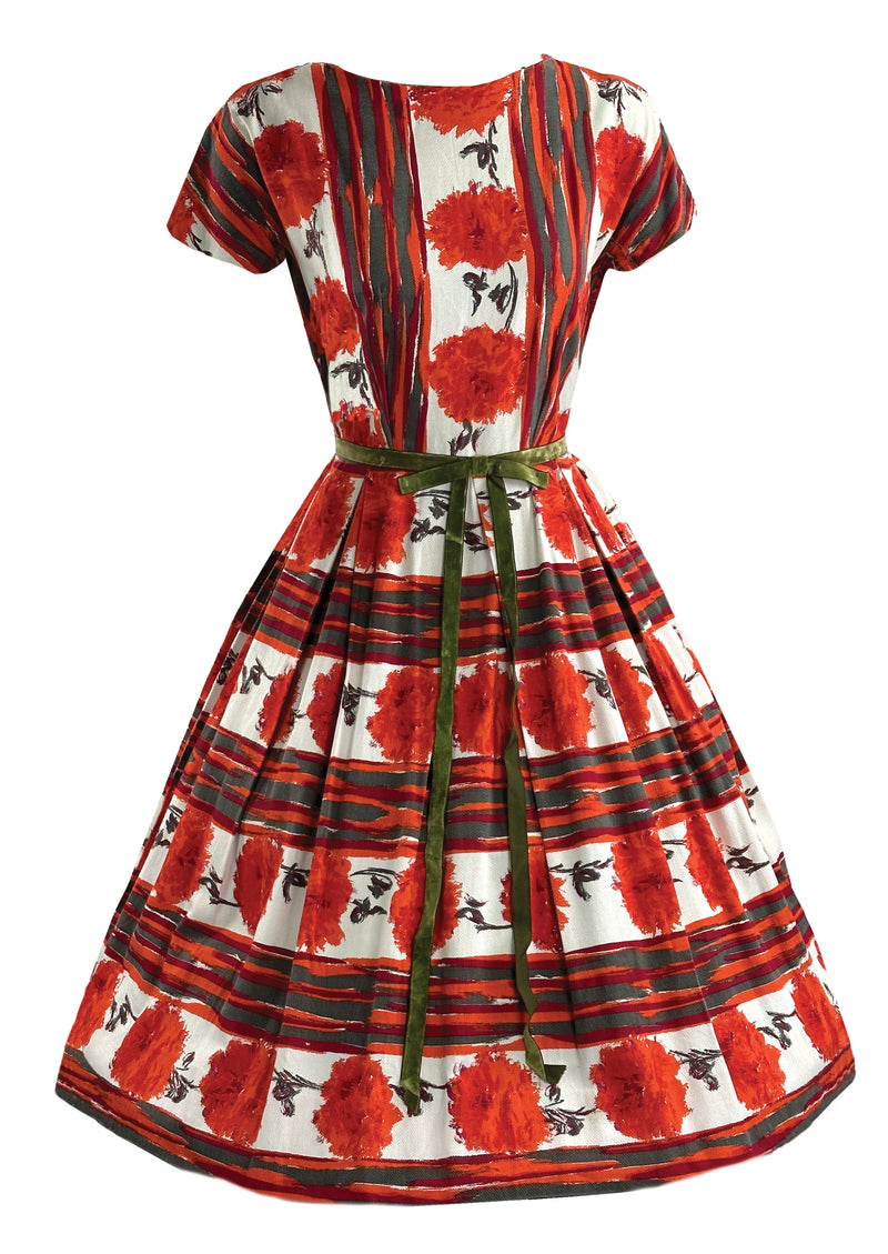 Late 1950s to Early 1960s Tangerine Carnations Cotton Dress - NEW!