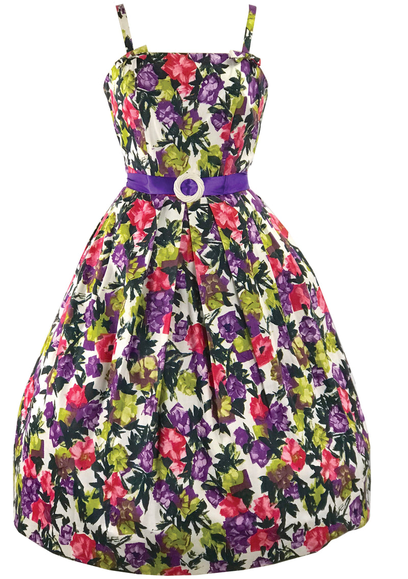Vibrant Late 1950s to Early 1960s Floral Polished Cotton Dress- New!