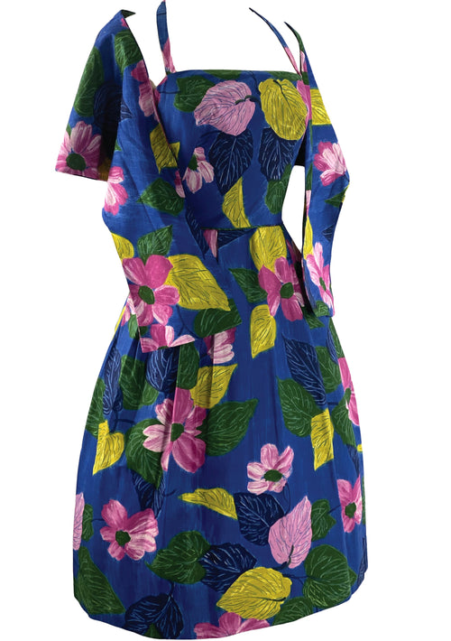Early 1960s Blue Floral Print Designer Dress & Stole Ensemble- New!