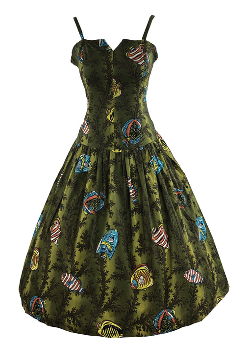 Vintage 1970s Green Fishes Novelty Print Dress - NEW!