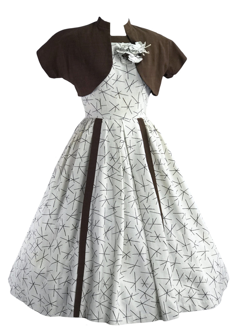 1950s Brown and White Criss Cross Pattern Dress and Bolero- New!