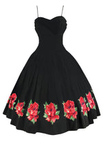 Late 1950s Black Cotton Sundress with Red Roses Border- NEW!