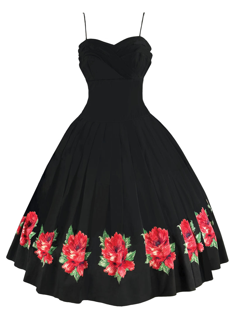 Late 1950s Black Cotton Sundress with Red Roses Border- NEW!