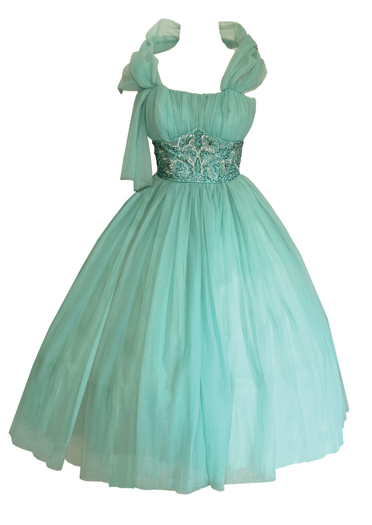 Late 12950s Seafoam Green Cocktail Dress with Sequin Cummerbund - NEW!