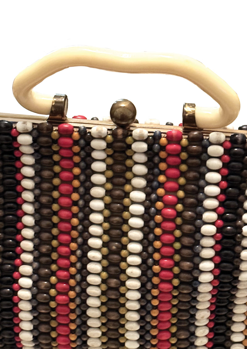 Vintage 1940s Wood Beaded Colourful Striped Purse - NEW!