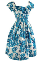 Vintage Late 1950s Early 1960s Blue & White Roses Cotton Dress - NEW!