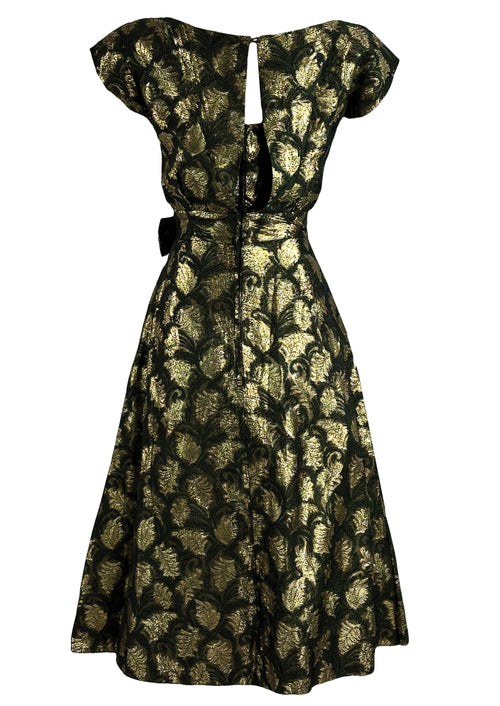 Early 1960s Deep Moss Green and Gold Brocade Cocktail Dress - NEW!