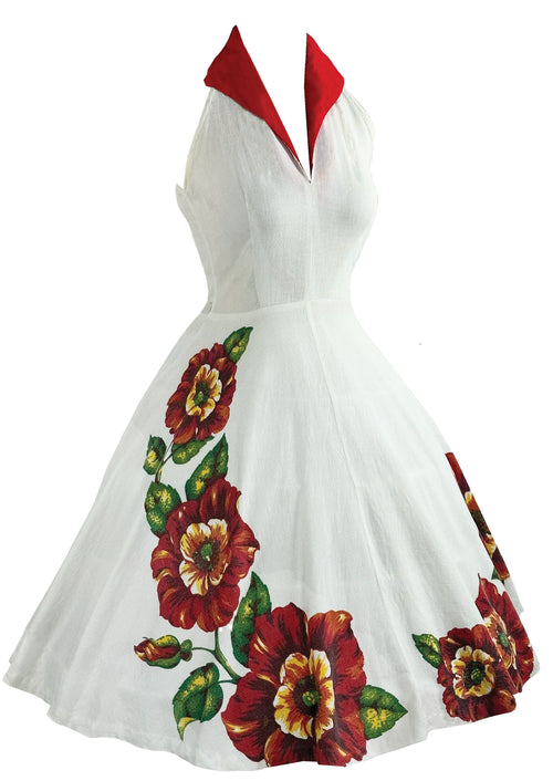 Late 1950s White Pique Border Print Dress