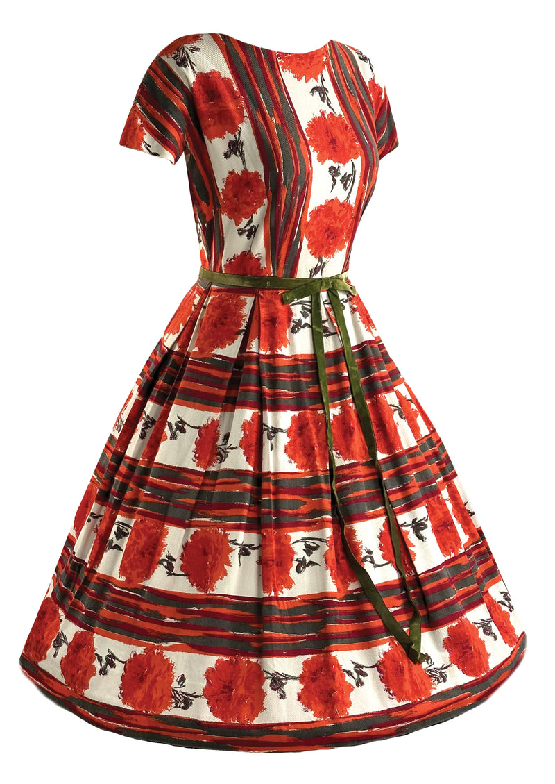 Late 1950s to Early 1960s Tangerine Carnations Cotton Dress - NEW!