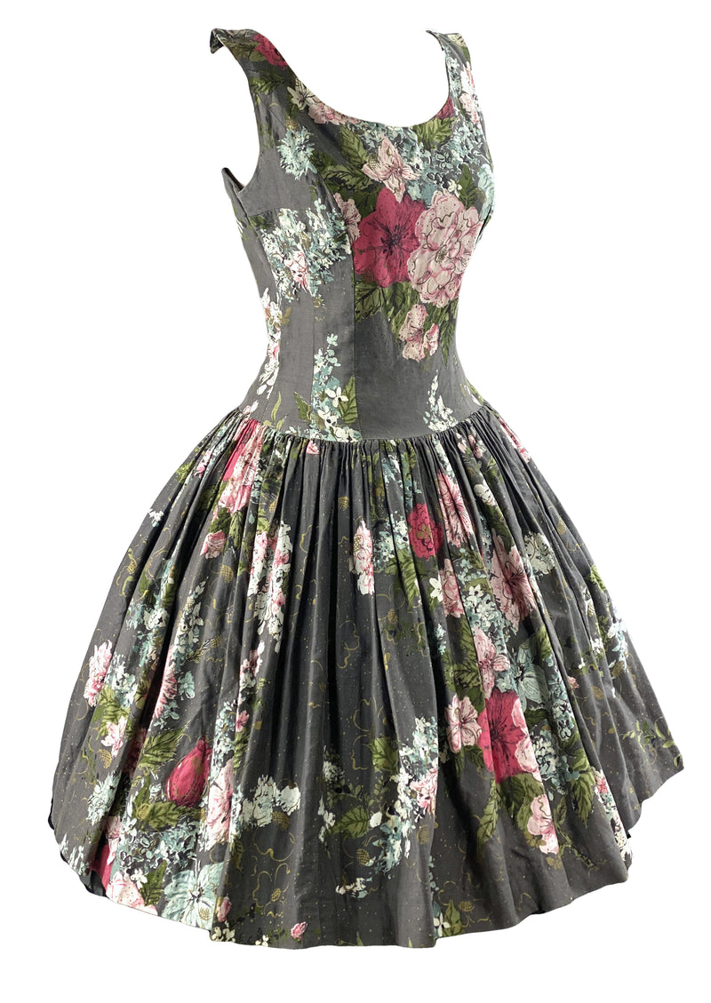 Vintage late 1950s Silver Background with Bouquets Cotton Dress- NEW!