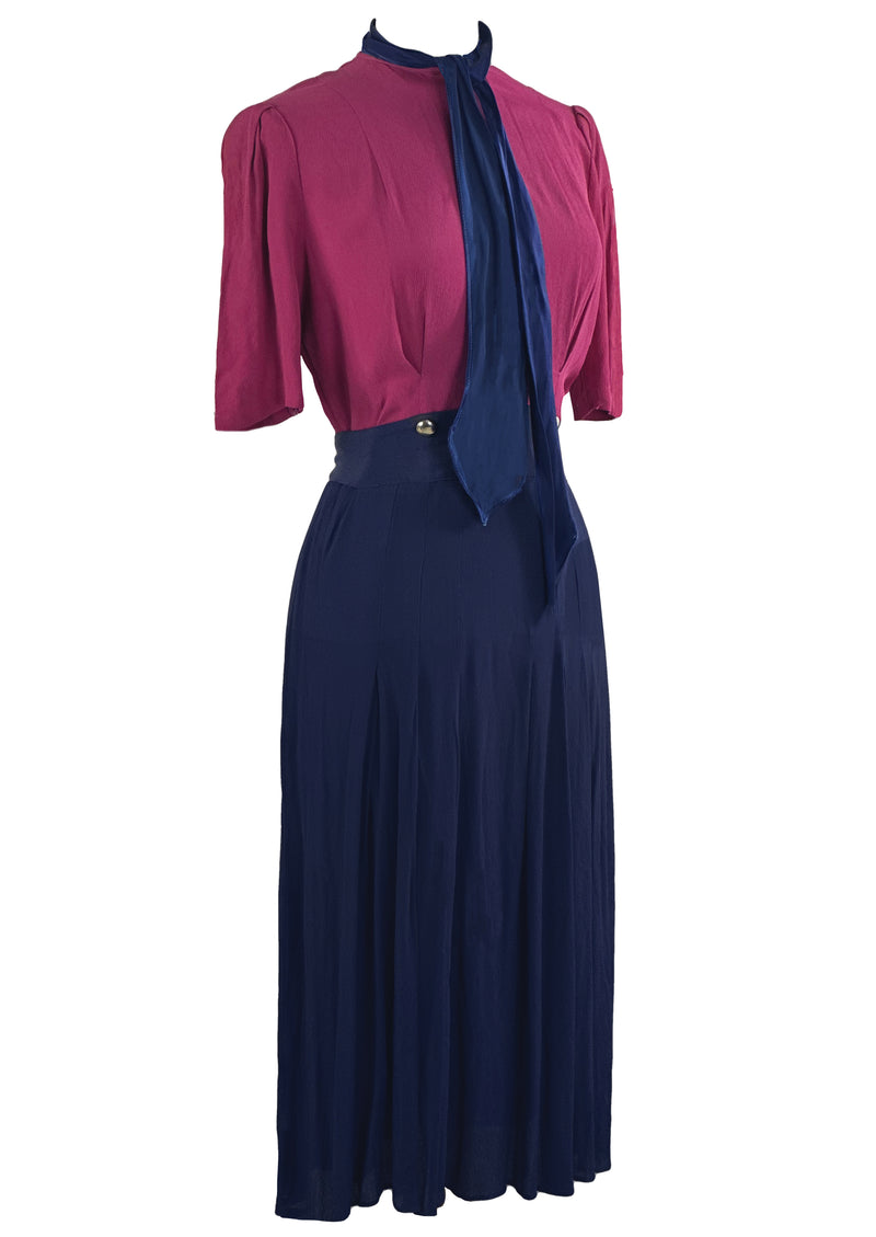 Late 1930s to Early 1940s Magenta and Navy Dress - NEW!