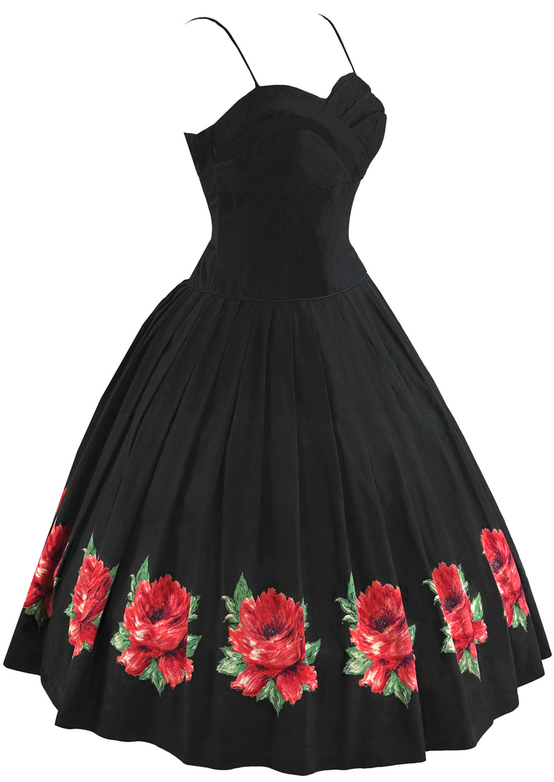 Late 1950s Black Cotton Sundress with Red Roses Border- NEW!
