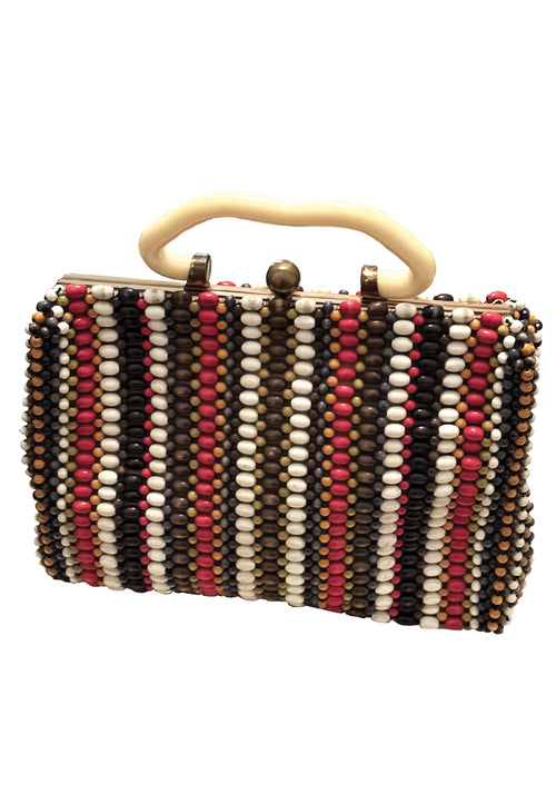 Vintage 1940s Wood Beaded Colourful Striped Purse - NEW!