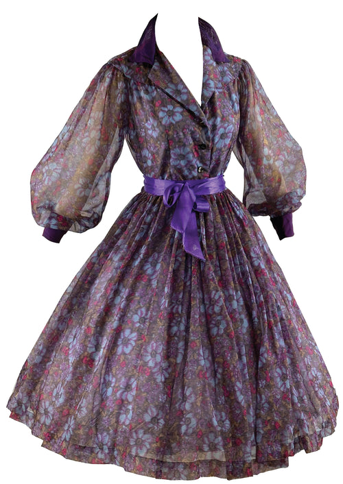Vintage 1950s Purple Floral Chiffon Dress - NEW!