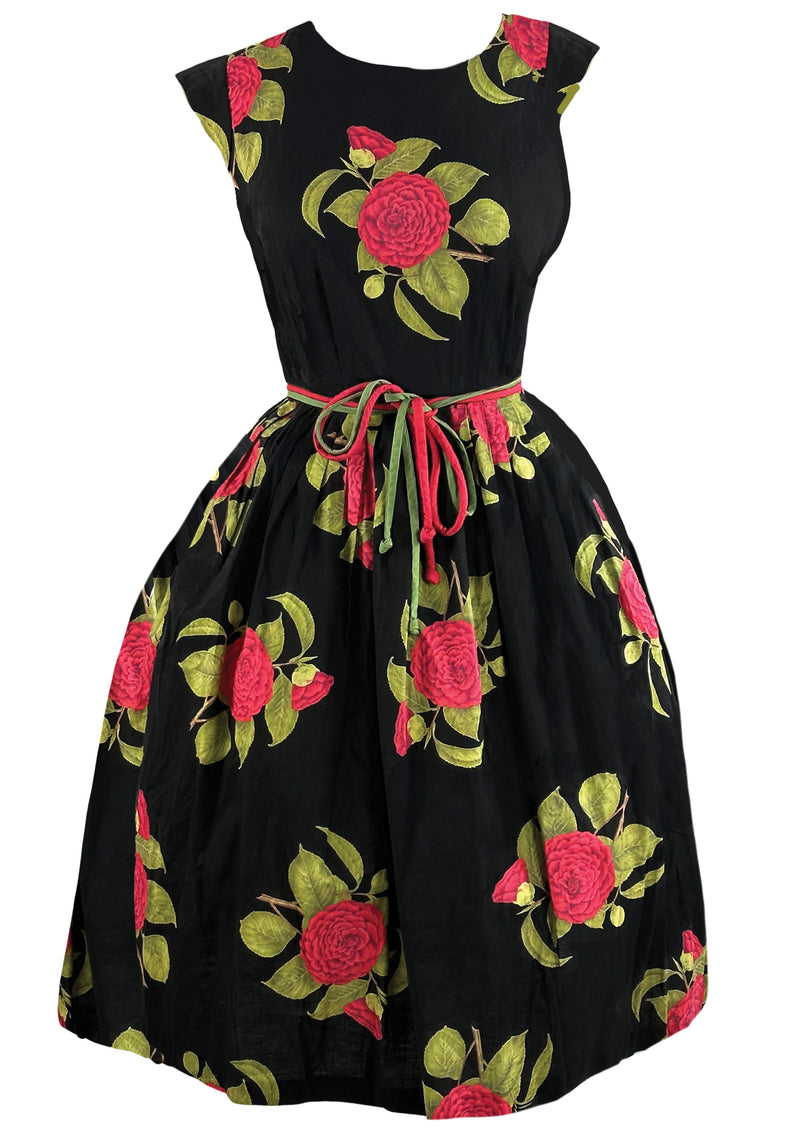 Late 1950s to Early 1960s Red Camellias Cotton Dress- NEW!
