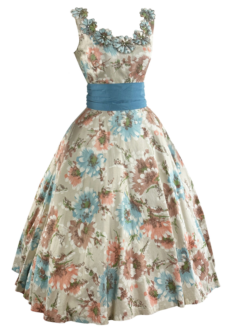 1950s Polished Cotton Floral Dress With Appliqués- NEW!