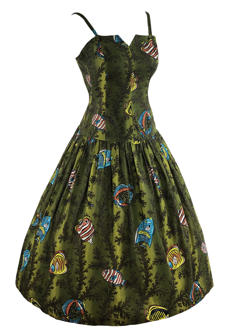 Vintage 1970s Green Fishes Novelty Print Dress - NEW!